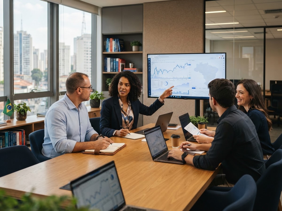 Plataforma de investimento — ambiente de trabalho profissional com tablet exibindo gráficos financeiros e indicadores de crescimento